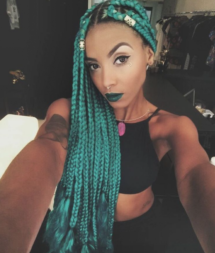 Edgy, dark green box braids 