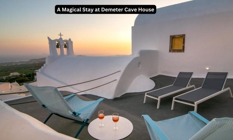 In the lovely village of Pyrgos on Santorini island, there's a special place called Demeter Cave House. It's perfect for couples looking for